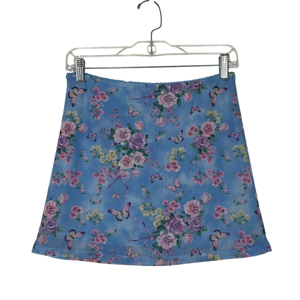 Sugar Thrillz Mini Skirt Women M Blue Floral Butterfly Mesh Coquette Fairycore